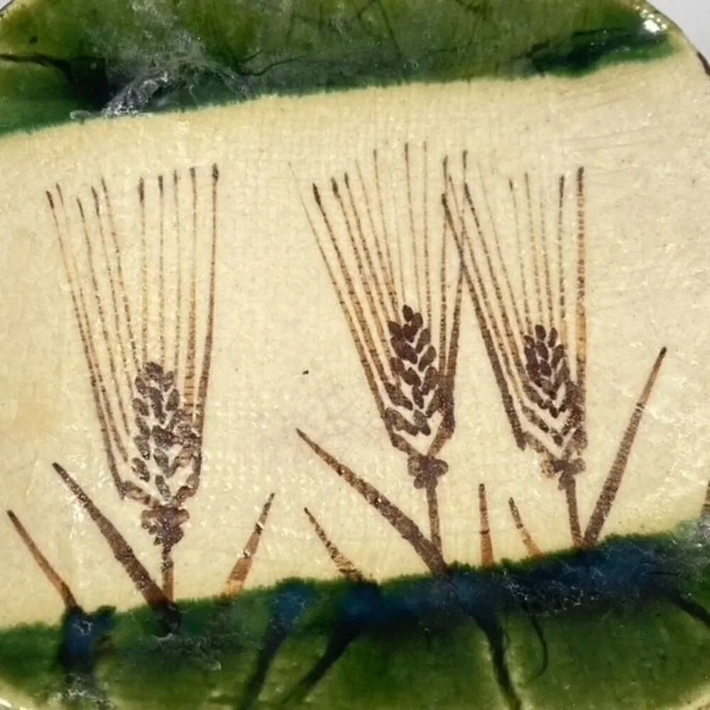 Vintage Autumn Grasses Green Japanese Oribe Dish